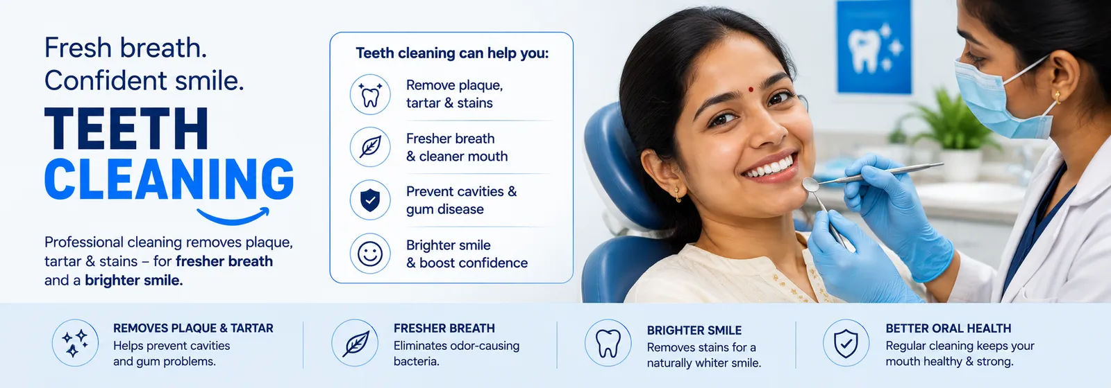 Professional teeth cleaning in Madurai — remove plaque, tartar and stains for fresher breath and a brighter smile.